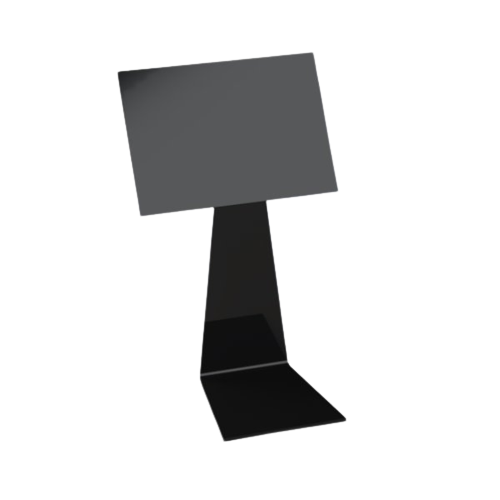 A black plastic under tray stand with an A6 insert face, designed for deli display support.