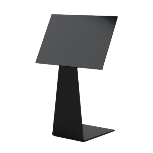 A black plastic label holder stand designed to slide under a food tray, with a sqaure label face.