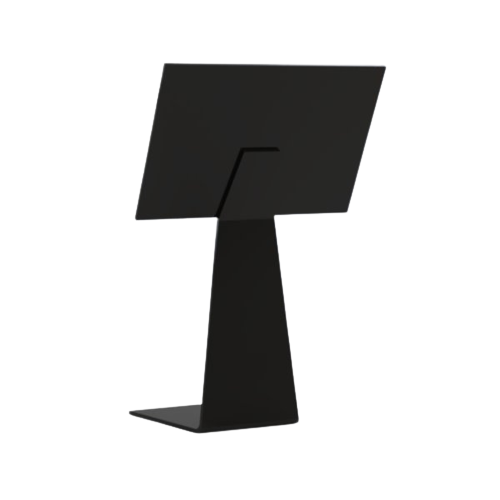 A black plastic under tray stand with an A6 insert face, designed for deli display support.