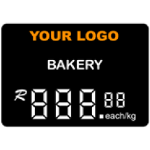 A black plastic Write & Wipe stand with a logo, description, and a price tag on it showing 'Your Logo' and 'Bakery' with a digital display.