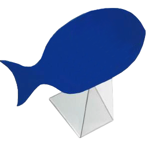 A clear stand with a vibrant blue fish graphic designed for displaying fresh fish products.