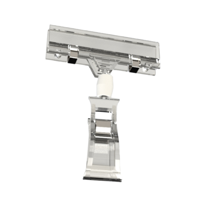 front view of a clear, plastic clip designed to hold sign boards, shown in an isolated fashion on a white background.