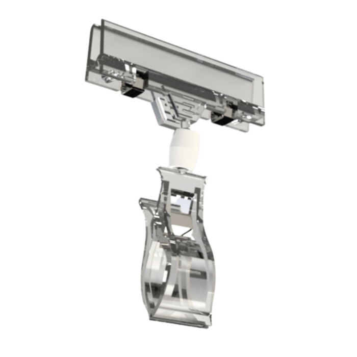 A clear, plastic clip designed to hold sign boards, shown in an isolated fashion on a white background.