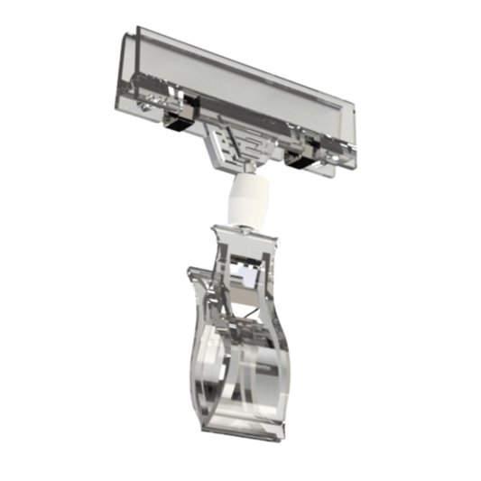 A clear, plastic clip designed to hold sign boards, shown in an isolated fashion on a white background.