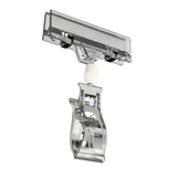 A clear, plastic clip designed to hold sign boards, shown in an isolated fashion on a white background.