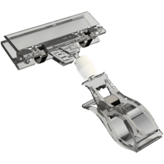 top view of clear, plastic clip designed to hold sign boards, shown in an isolated fashion on a white background.