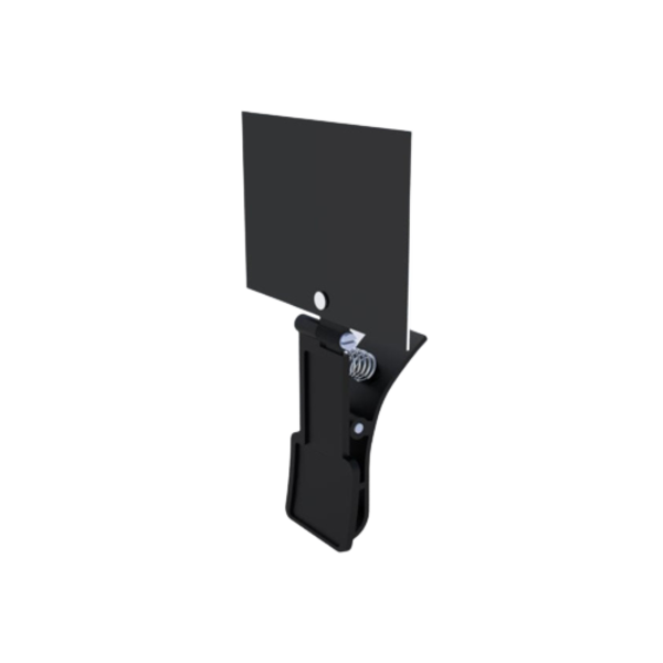Front view of a black sign holder with a clamp, designed to attach to fruit and veg crates, featuring an A7 board for pricing or promotions.