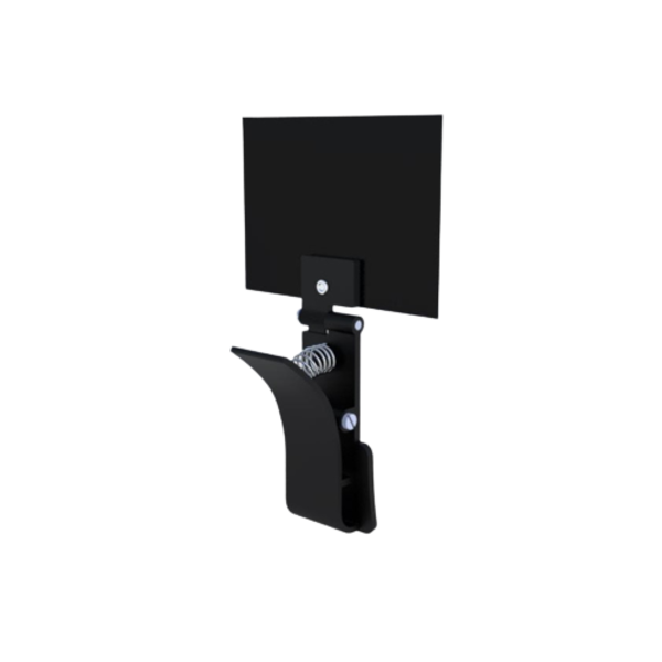 back view of a black sign holder with a clamp, designed to attach to fruit and veg crates, featuring an A7 board for pricing or promotions.