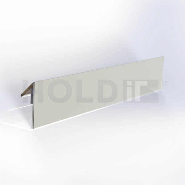 A acrylic shelf label holder with a 45-degree angle design, featuring a vertical orientation for upward-facing shelves.