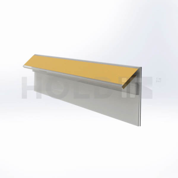 Back view of a acrylic shelf label holder with a 45-degree angle design, featuring a vertical orientation for upward-facing shelves.