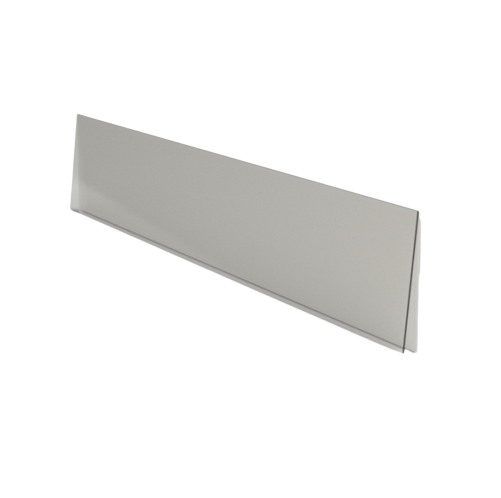 A clear, peel-and-stick shelf-edge label holder with an anti-fall lip.