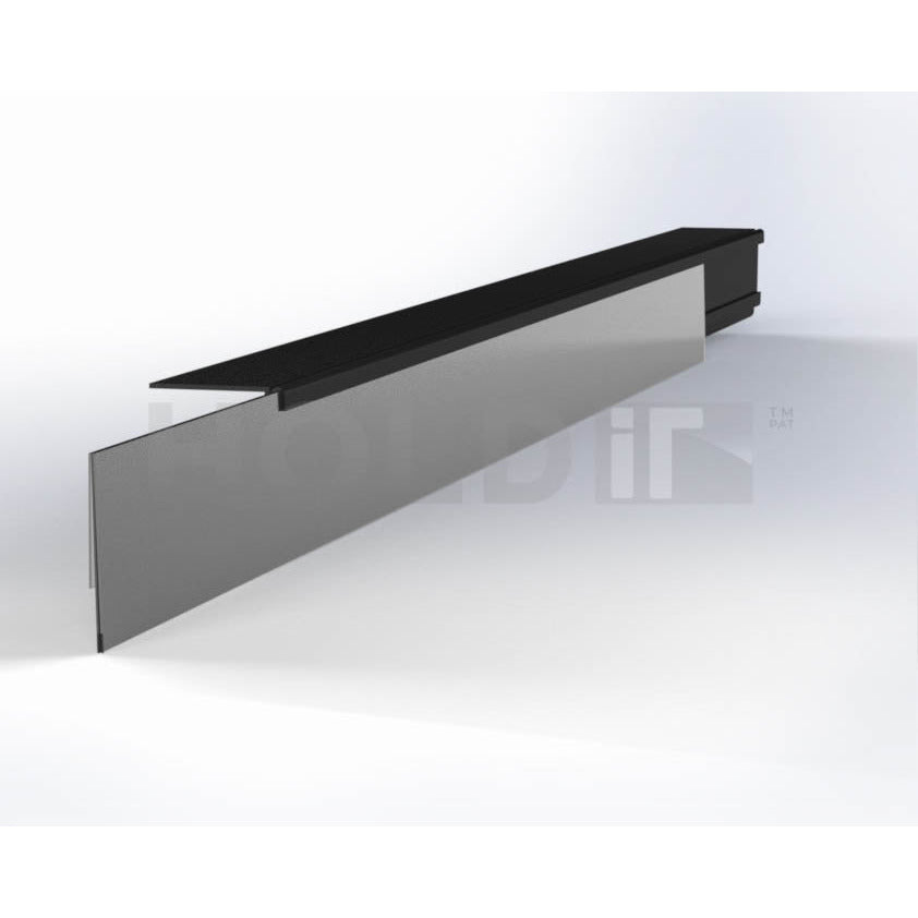 A black UNiTRACK System for shelf edge labeling, consisting of a clip-on extrusion with a front interchangeable insert STRiP.