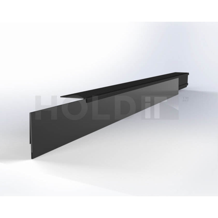 A black UNiTRACK System for shelf edge labeling, consisting of a clip-on extrusion with a front interchangeable insert STRiP.