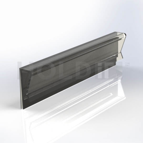 Back view of a single gray metal basket clip profile designed to attach to wire baskets and glass shelves.