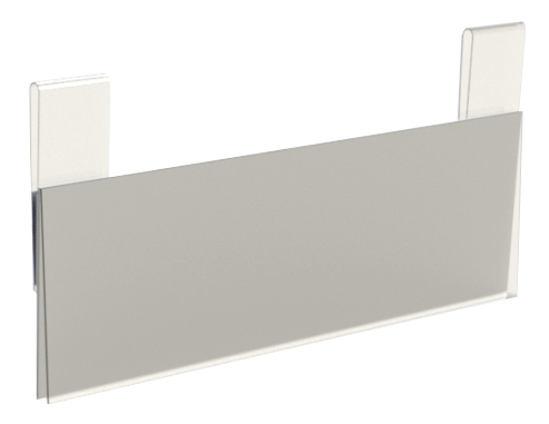A clear plastic label holder with two velcro clip designed to attach to wire baskets and shelves for displaying labels.