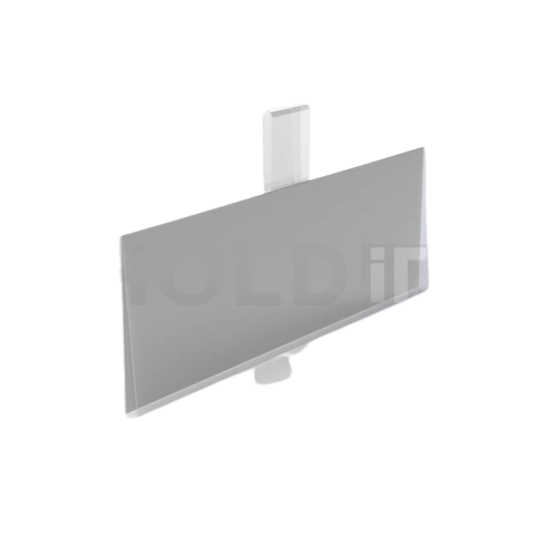 A clear plastic label holder with a velcro clip designed to attach to wire baskets and shelves for displaying labels.