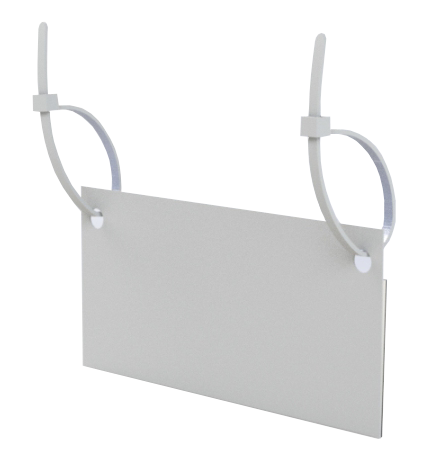 A white cable tie label holder with a semi-permanent fixing mechanism, designed for wire baskets and fridges, displayed on a white background.