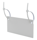 A white cable tie label holder with a semi-permanent fixing mechanism, designed for wire baskets and fridges, displayed on a white background.