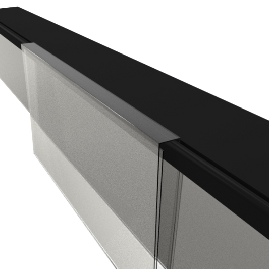 A clear acrylic UNiTRACK A6 Promo Card Holder clips into a shelf edge, displaying a promotional card.