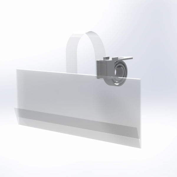 A clear acrylic shelf edge wobbler designed to hold promotional cards, with a reflective surface and a clip attachment for installation.