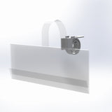 A clear acrylic shelf edge wobbler designed to hold promotional cards, with a reflective surface and a clip attachment for installation.