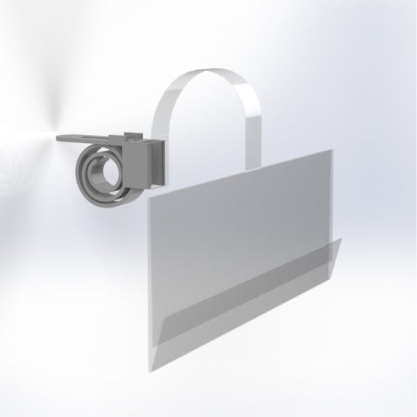 A clear acrylic shelf edge wobbler designed to hold promotional cards, with a reflective surface and a clip attachment for installation.