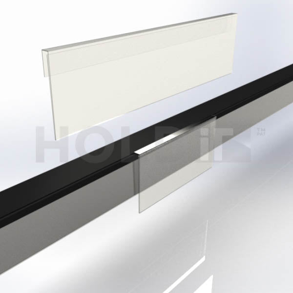 A clear acrylic UNiTRACK A6 Promo Card Holder clips into a shelf edge, displaying a promotional card.