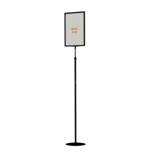 A tall freestanding display stand with a frame, made with an aluminum pole and a plastic base, with a sign that reads 'MAXiPOP'.