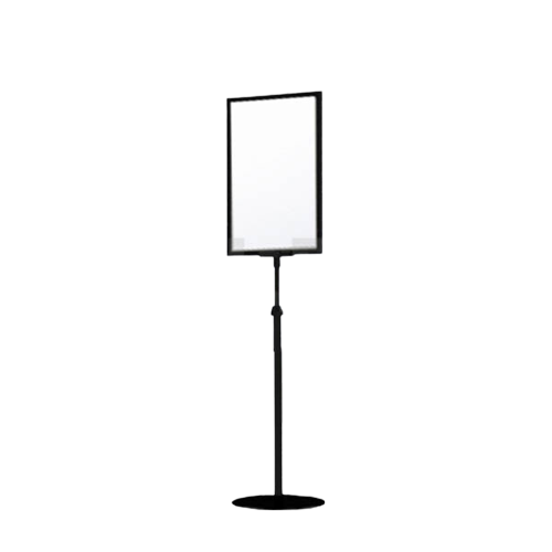 An adjustable MiniPOP lollipop stand with a frame, featuring a robust pole and a heavy-duty black plastic base, designed for retail environments.