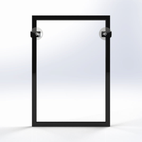 Front view of A4 frame with protective sleeve and suction cups for glass surface mounting"