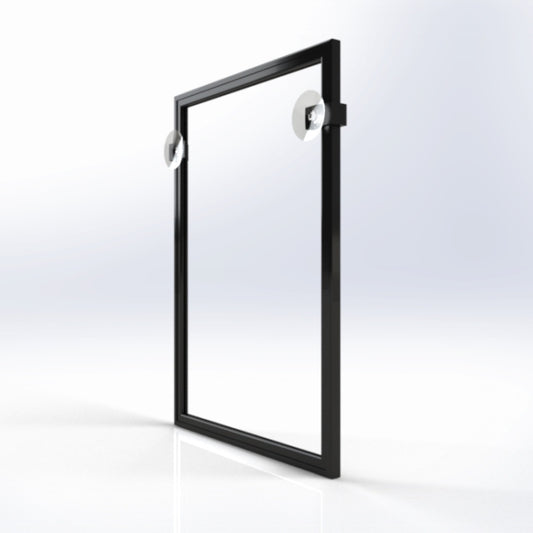 Back view of A4 frame with protective sleeve and suction cups for glass surface mounting"