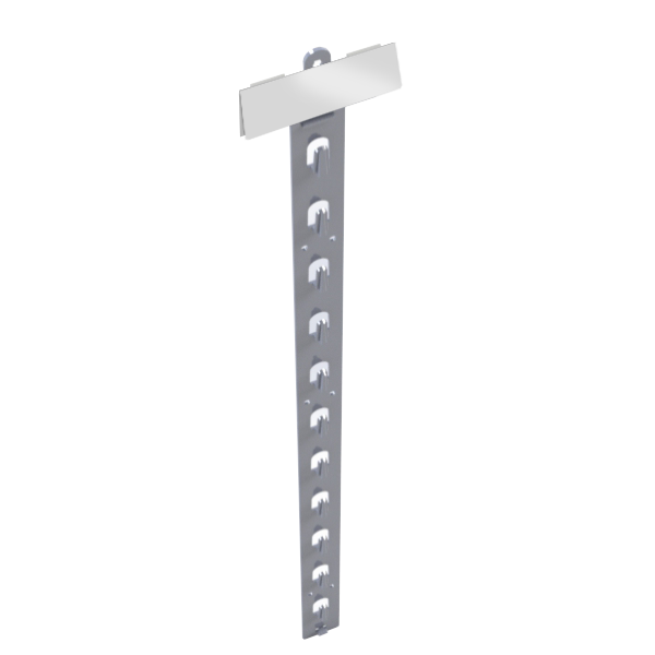 A gray mobile hanging hook display strip with multiple hooks, used for retail merchandise.