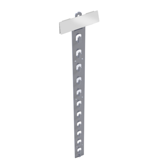 A gray mobile hanging hook display strip with multiple hooks, used for retail merchandise.