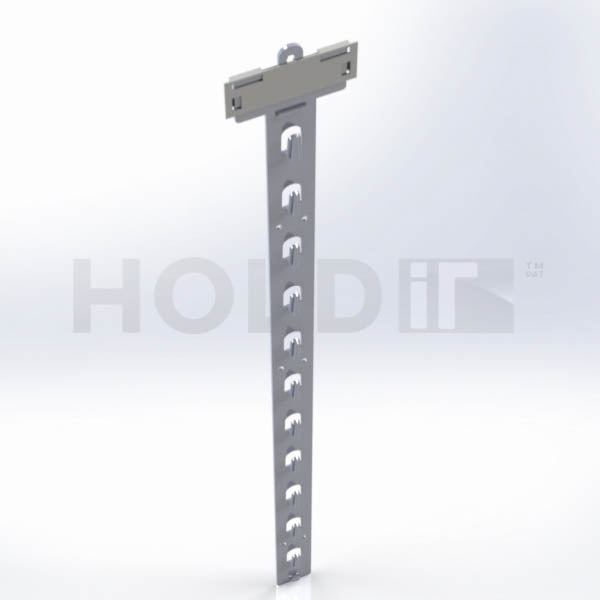 A gray mobile hanging hook display strip with multiple hooks, used for retail merchandise.