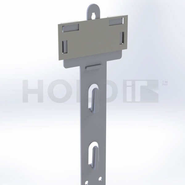 close up of gray mobile hanging hook display strip with multiple hooks, used for retail merchandise.