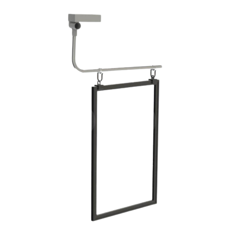 A silver magnetic swing arm with clips and a frame with sleeve designed for point of sale displays.