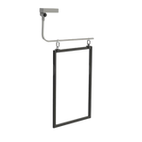A silver magnetic swing arm with clips and a frame with sleeve designed for point of sale displays.