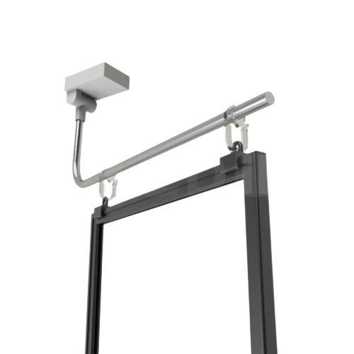 A silver magnetic swing arm with clips and a frame designed for point of sale displays.