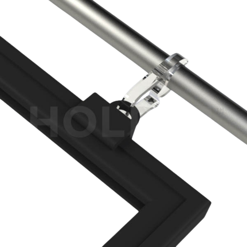 A silver magnetic swing arm with clips and a frame designed for point of sale displays.