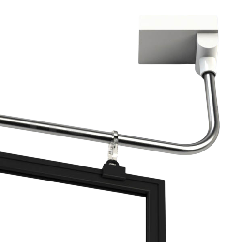 A silver magnetic swing arm with clips and a frame designed for point of sale displays.