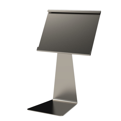 A silver stainless steel sign stand with a raised foot, designed to be placed under a food tray for displaying cards or labels.