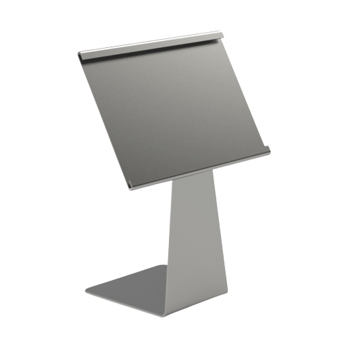 A silver stainless steel sign stand with a polished finish, designed to be placed under a tray for hot food displays, including a sign holder.