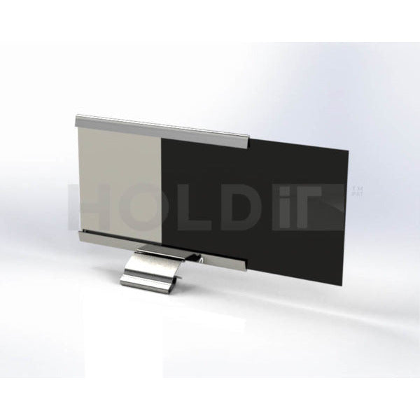 A stainless steel label holder designed to attach to hot food racking or trays, with a sleek, professional appearance.