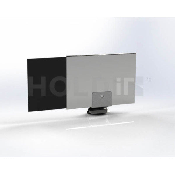 A stainless steel label holder designed to attach to hot food racking or trays, with a sleek, professional appearance.