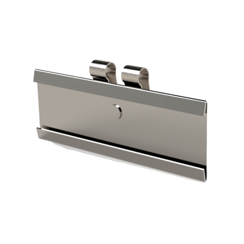 A stainless steel hanger clip holder with a secure clip and a space for an A7 sign holder, designed for labeling hot food racking.