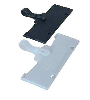 Two price tag holders, one black and one white, designed to attach to surfaces for displaying price tags.