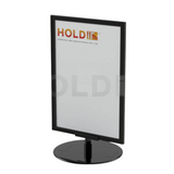 A tabletop display stand with an A4 frame, colored in black, mounted on a circular base.