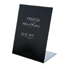 A black write and wipe L-stand with a chalkboard surface displaying the text 'Health muffins", placed on a white surface.