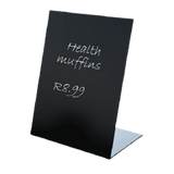 A black write and wipe L-stand with a chalkboard surface displaying the text 'Health muffins", placed on a white surface.