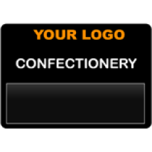 A black plastic Write & Wipe stand with a logo, description, and a tag on it showing 'Your Logo' and 'confectionery' plastic insert